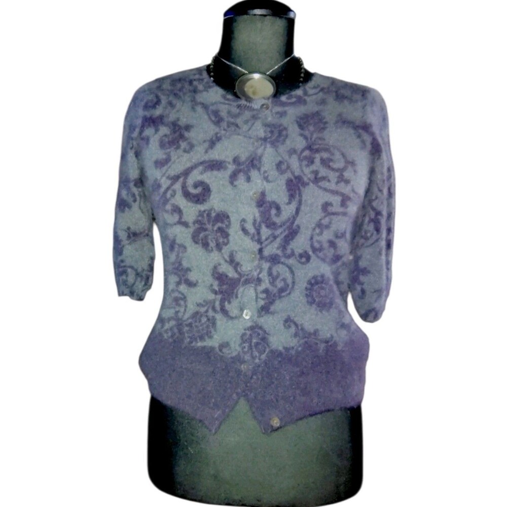 Kenar 2 Ply Cashmere Gray And Purple Print Fitted 3/4 Sleeve Cardigan Sweater 58